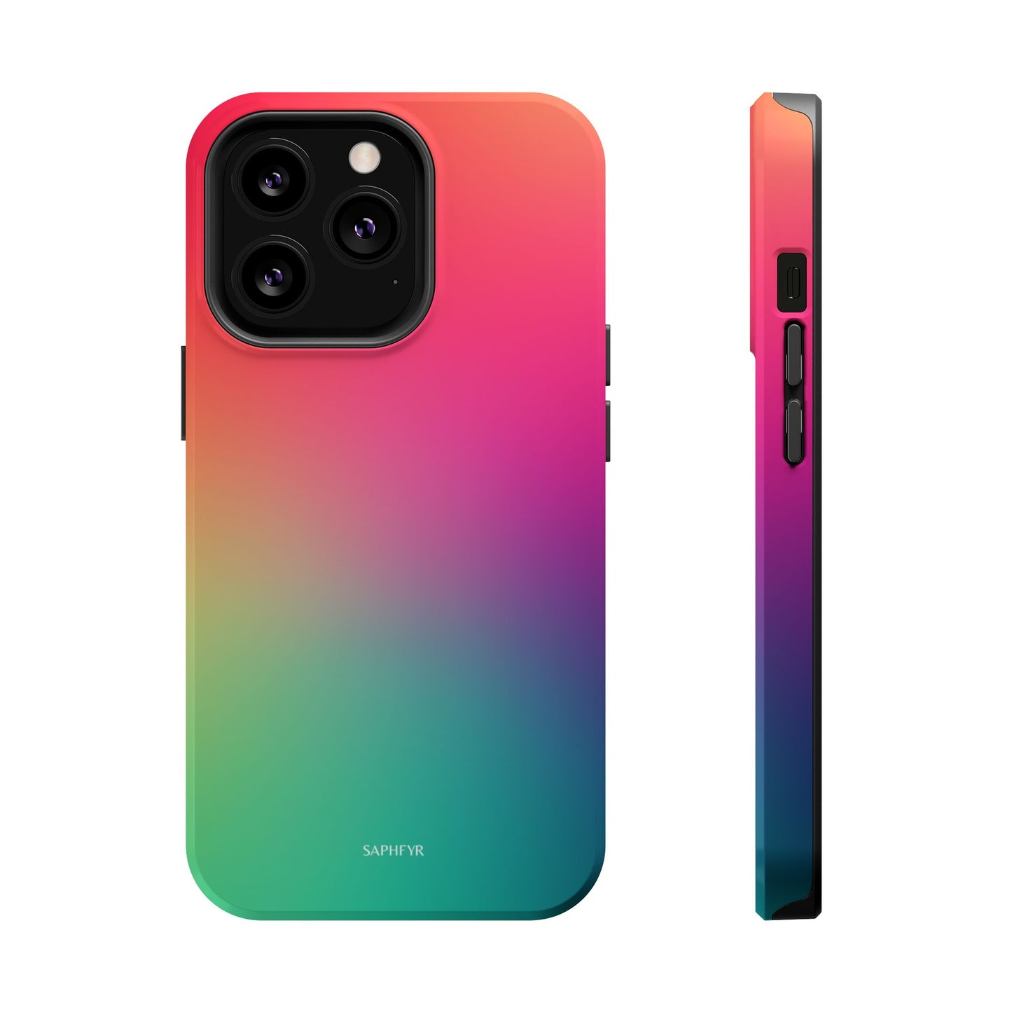 Gradient phone case with colorful design on a white background
