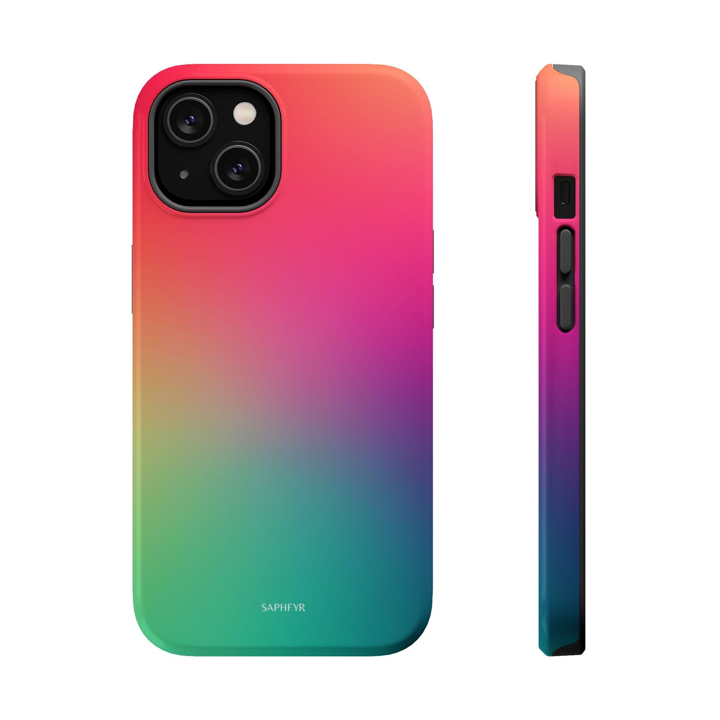 Gradient phone case with colorful design on a white background