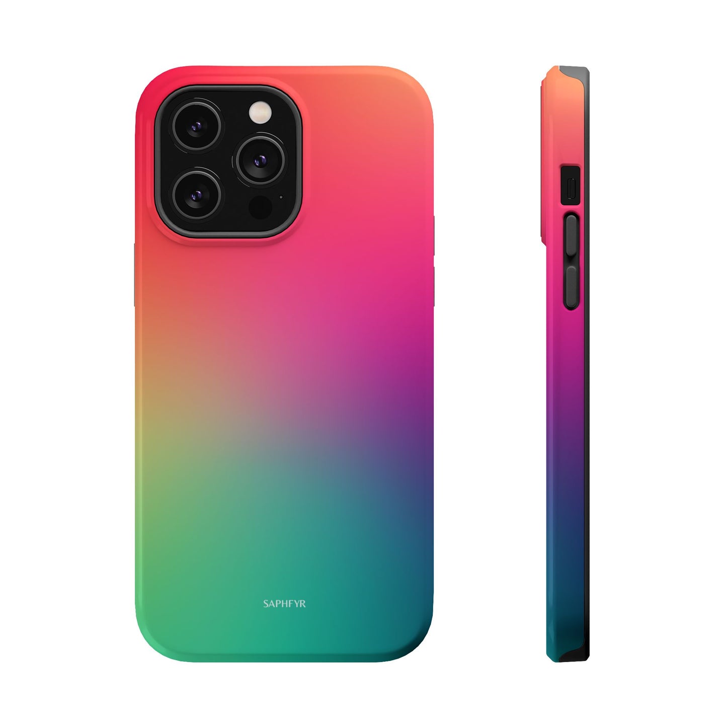 Gradient phone case with colorful design on a white background