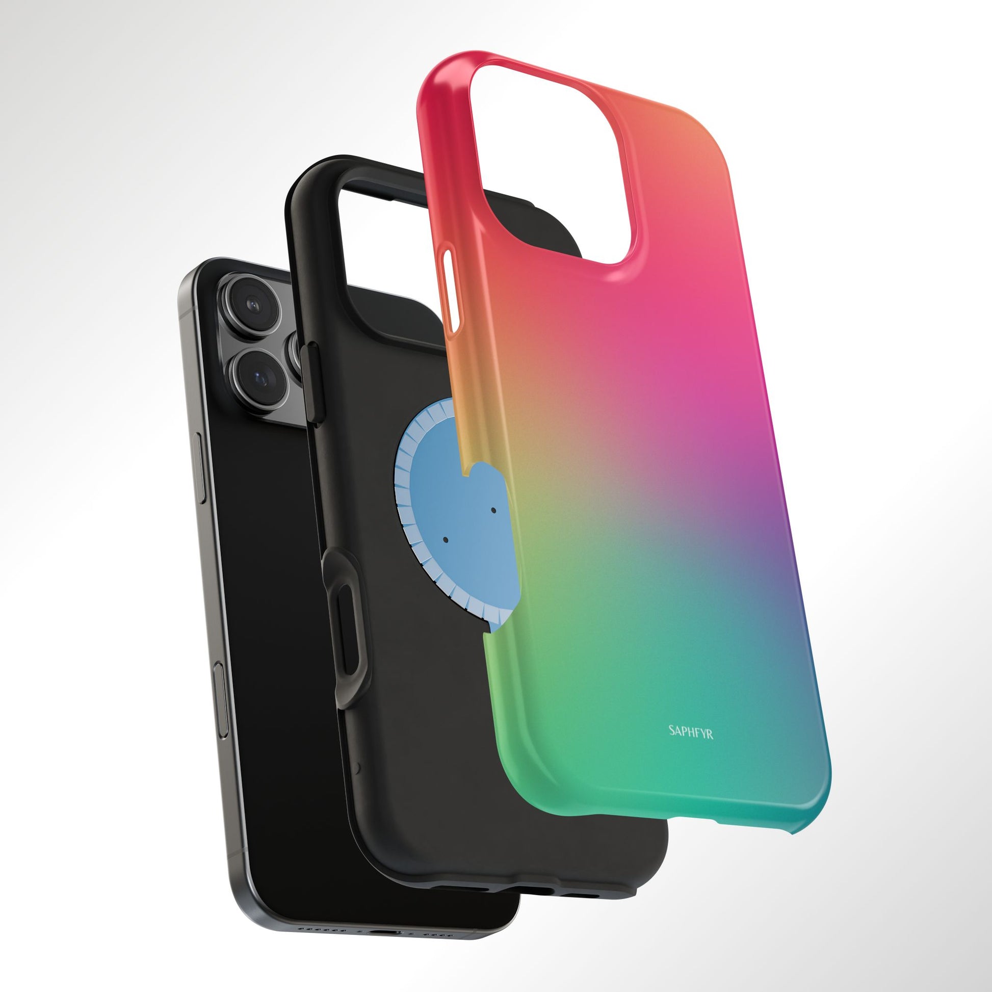 Layers of gradient phone case featuring a blue magnet embedded into the black TPU lining on a white background.