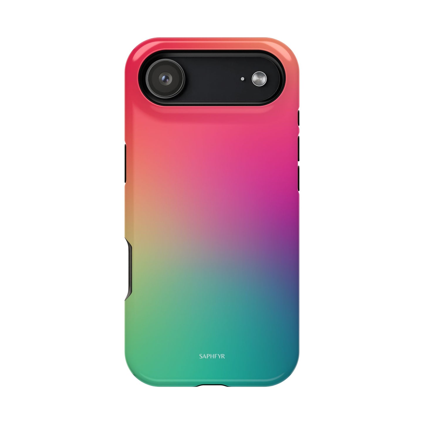 Gradient phone case with pink, purple, and green colors on a white background