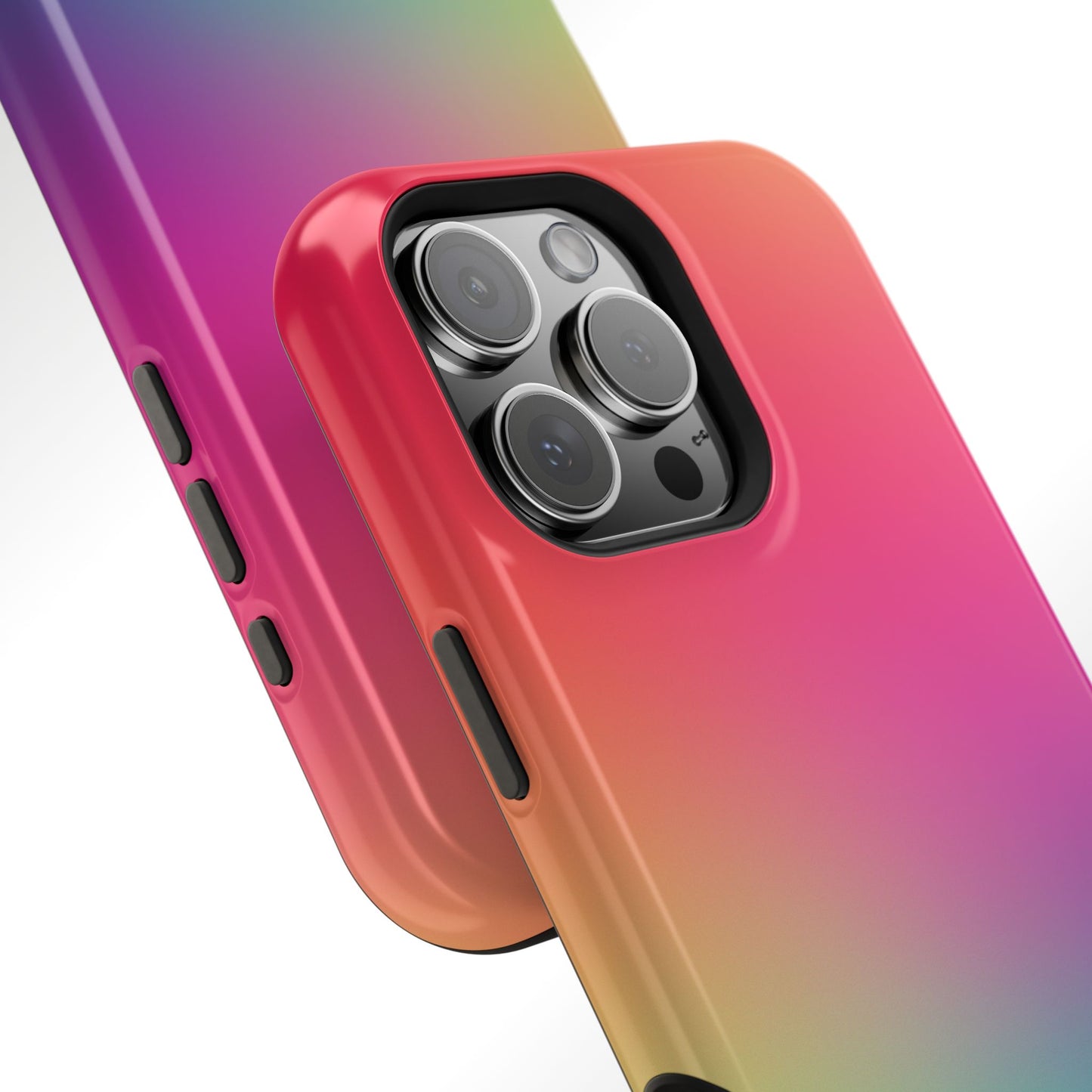 Gradient phone case with camera and side buttons on a colorful background
