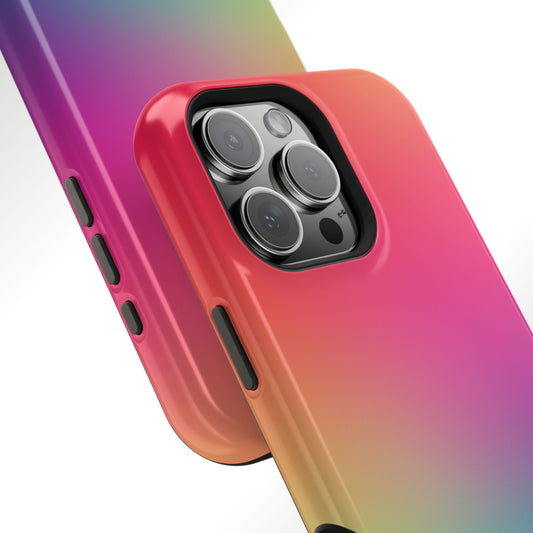 Gradient phone case with camera and side buttons on a colorful background