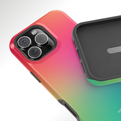 Gradient phone case with colorful design on a white background
