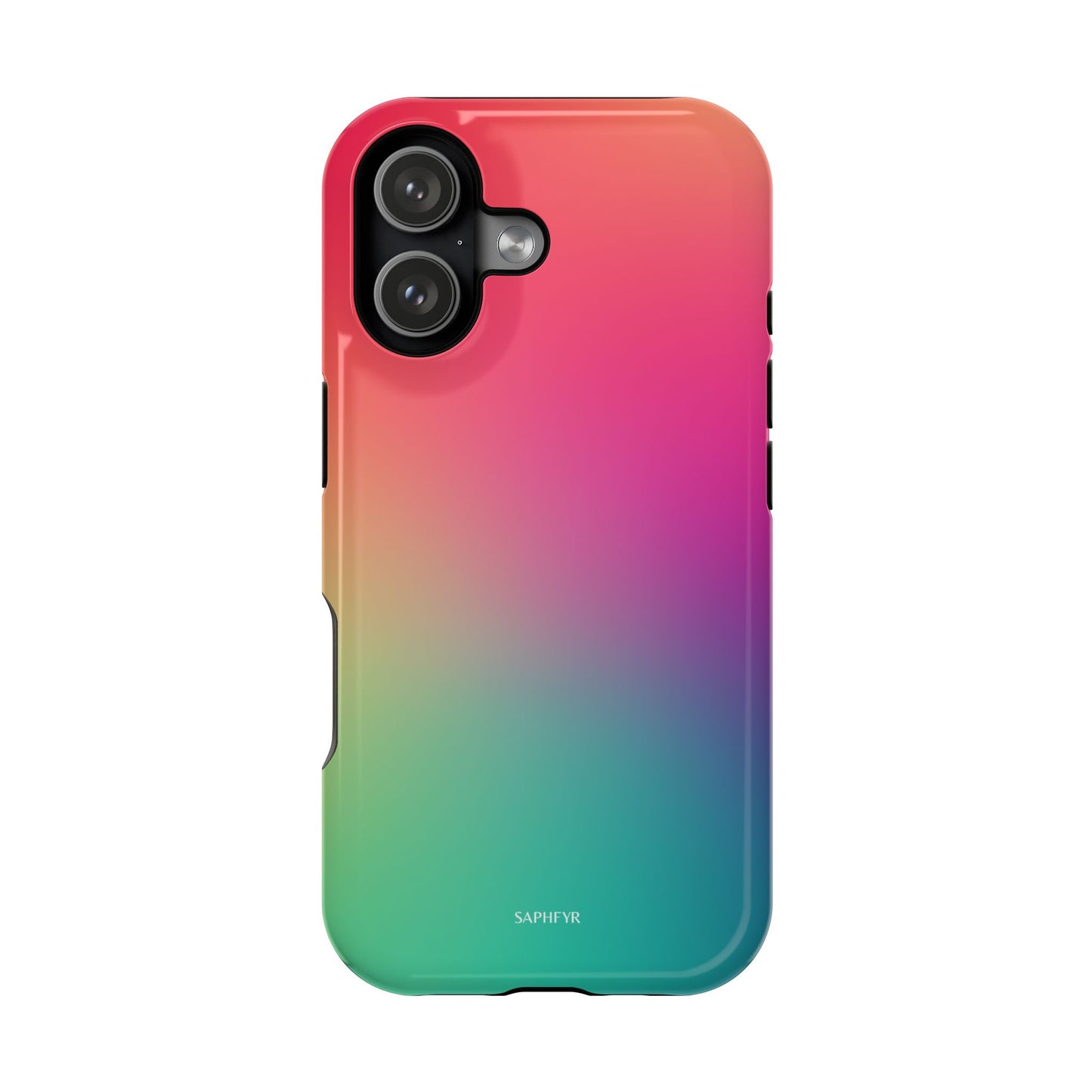 Gradient phone case with pink, orange, and green colors on a white background