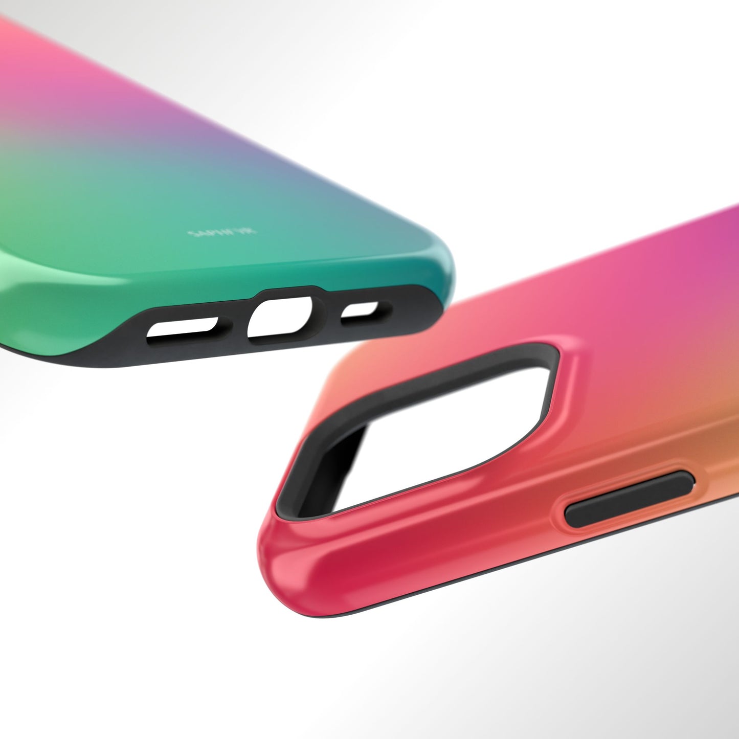Gradient phone case transitioning from green to pink on a white background