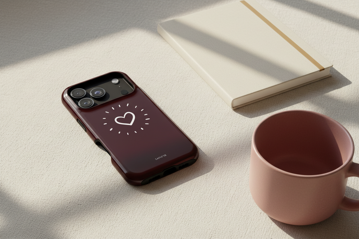 Phone case with heart design on a light surface next to a pink mug and notebook
